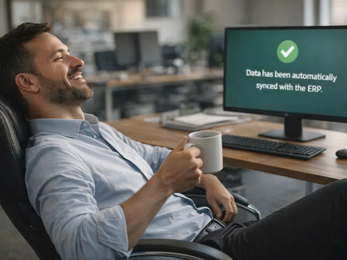 A relaxed man with a coffee mug next to a screen saying data has been automatically synced with the ERP