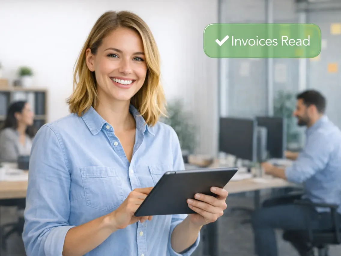 A smiling finance professional holding a tablet, with an "Invoices Read" confirmation