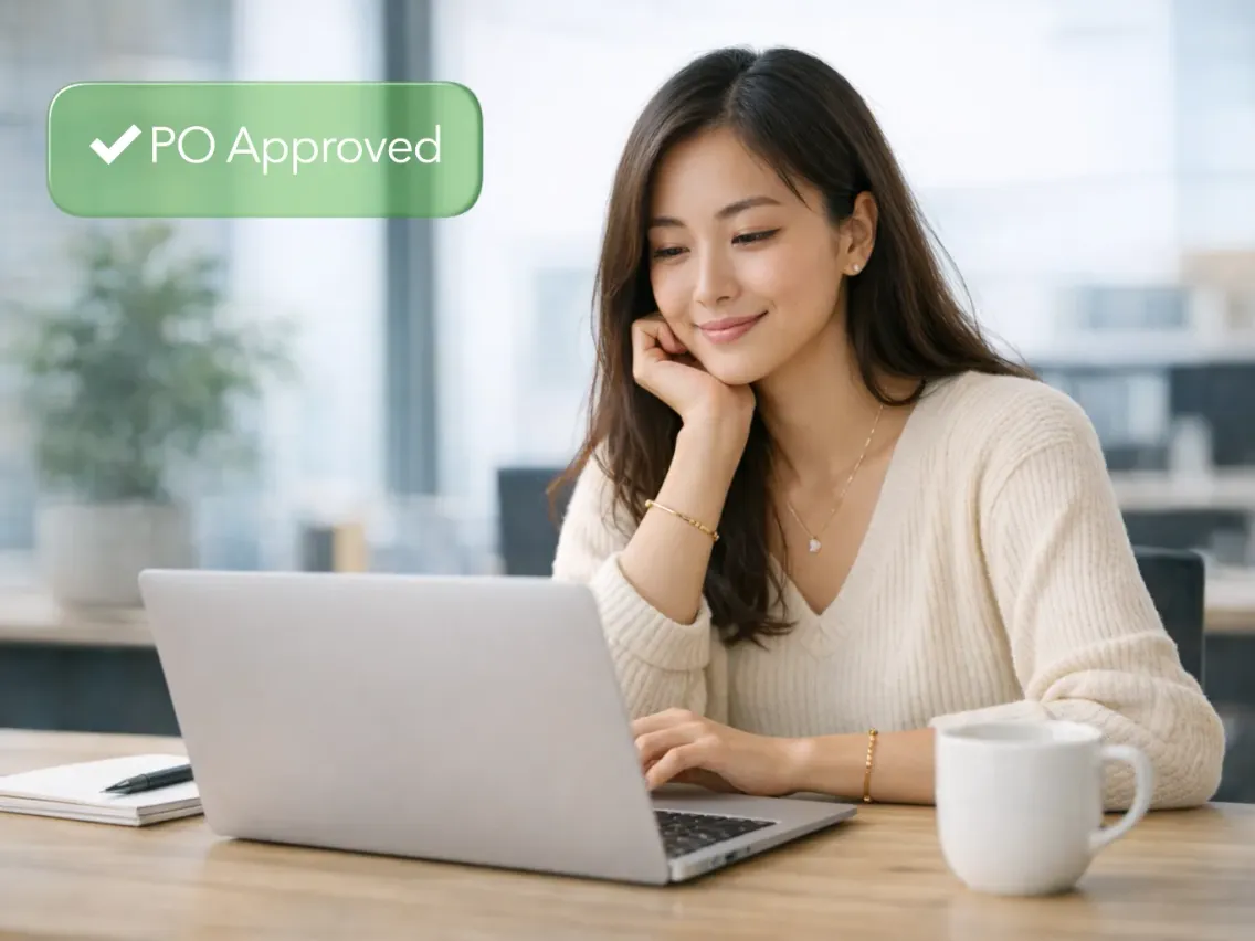 A finance professional smiling at her laptop, with a "PO Approved" confirmation